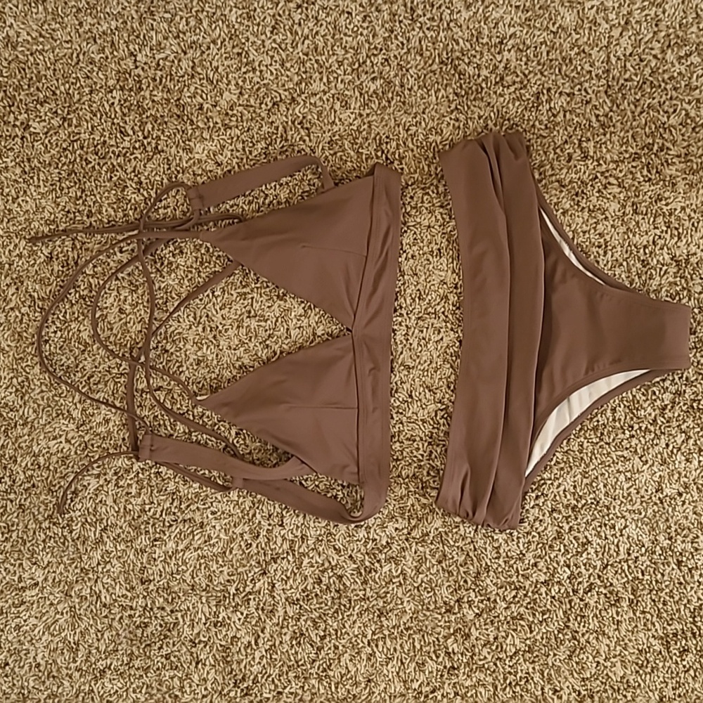 Cider V neck tieback shaping bikini swimsuit in Mocha size Large